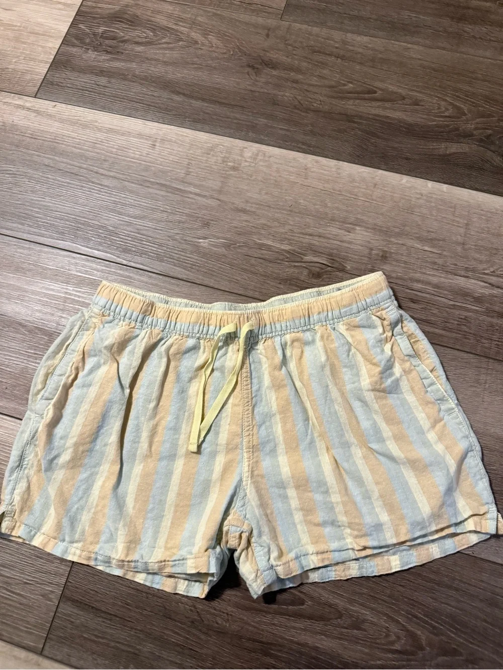 Patagonia Pastel Yellow & Light Blue Striped Drawstring Athletic Shorts